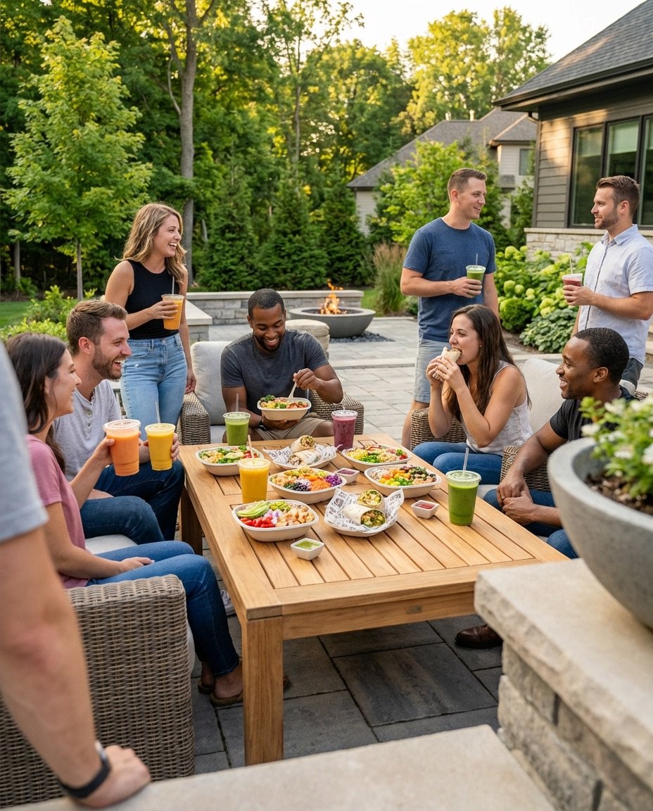 People sharing Simpli Fresh food outdoors